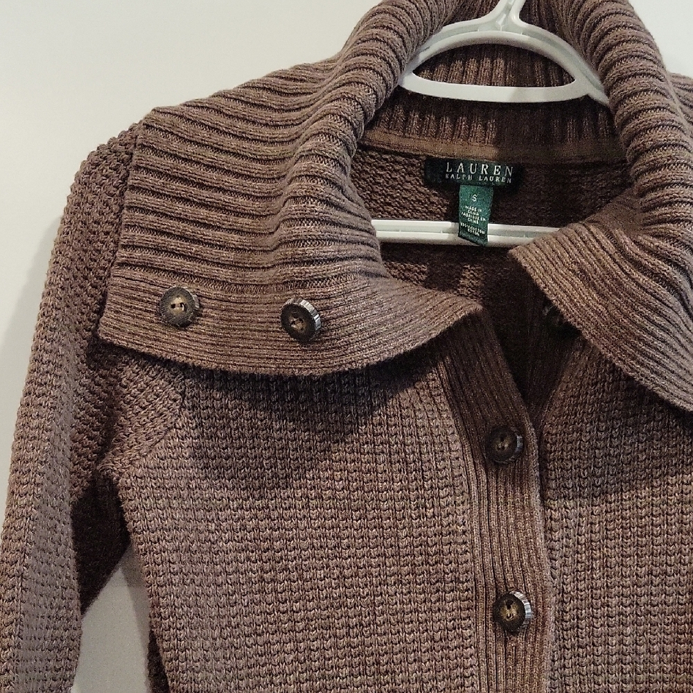 Lauren Ralph Lauren Brown Ribbed Shawl Collar Cardigan - Picture 3 of 6